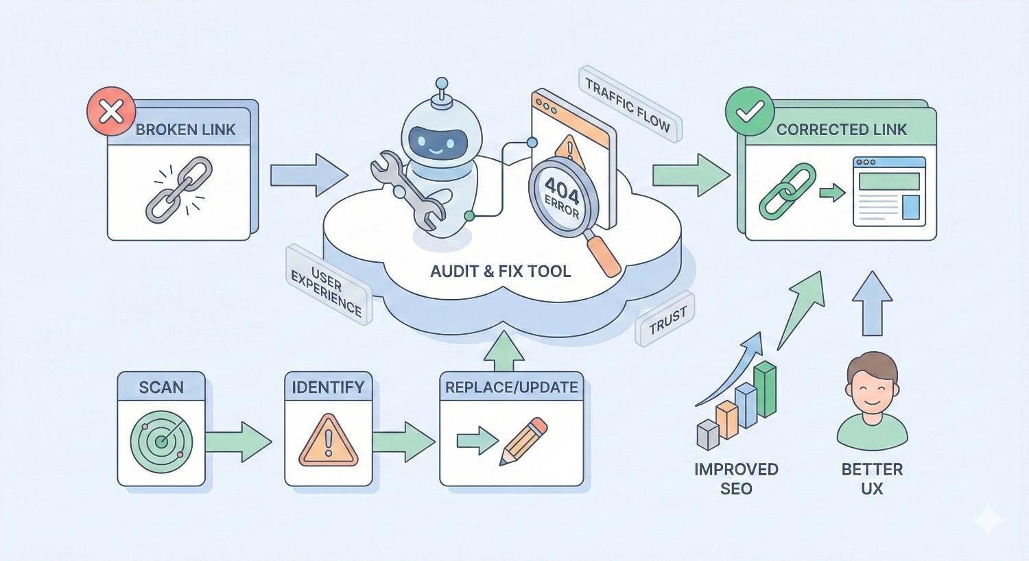 Diagram showing broken link resolution process: broken link detected, audit and fix tool scans and identifies 404 errors, then replaces or updates URLs. Arrows lead to corrected links, improved SEO, better user experience, increased traffic flow, and greater trust.
