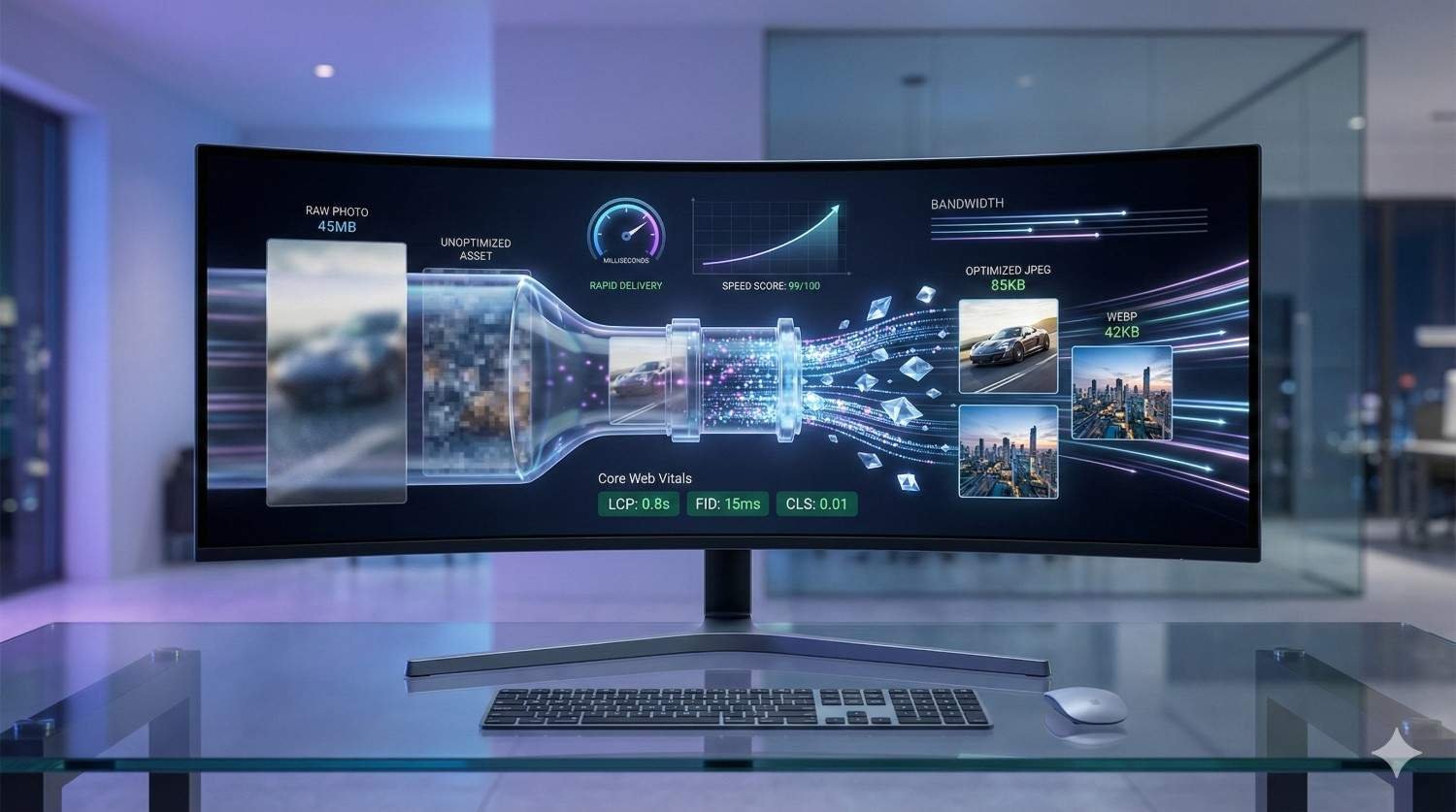 Curved monitor displaying image optimization workflow: large 45MB raw photo compressed into optimized JPEG and WebP versions with smaller file sizes. Visual shows bandwidth reduction, rapid delivery, improved speed score, and Core Web Vitals metrics, illustrating faster page performance through image optimization.