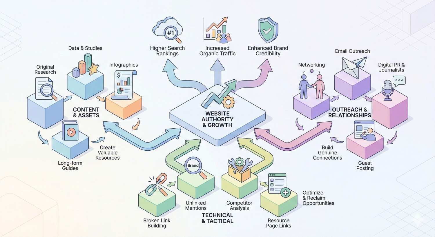 Infographic centered on “Website Authority & Growth,” showing content assets, outreach and relationships, and technical tactics like broken link building and competitor analysis. Arrows highlight outcomes including higher search rankings, increased organic traffic, and enhanced brand credibility.