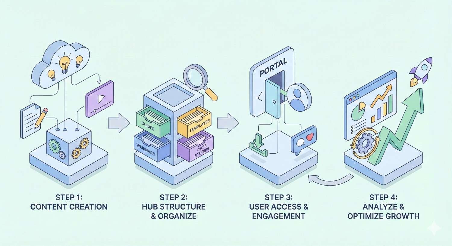Isometric step-by-step diagram showing how to build a SaaS resource hub. Step 1 covers content creation, step 2 organizing guides and templates, step 3 enabling user access and engagement through a portal, and step 4 analyzing performance to optimize growth