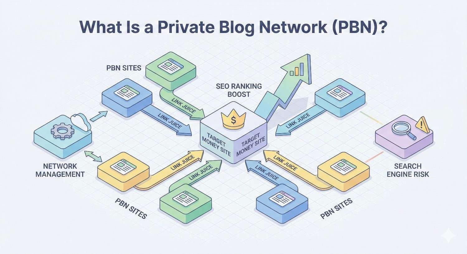 Illustration titled “What Is a Private Blog Network (PBN)?” showing multiple PBN sites linking via arrows labeled “link juice” to a central target money site, boosting SEO ranking, with icons for network management and a warning symbol indicating search engine risk.