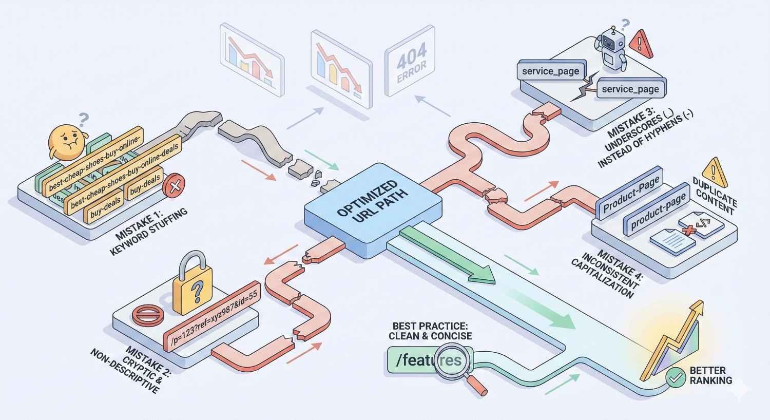 An illustrated SEO diagram shows an optimized URL path contrasted with mistakes like keyword stuffing, cryptic strings, underscores, inconsistent capitalization, duplicate content, and broken links, highlighting a clean, concise path as best practice leading to better rankings and performance.