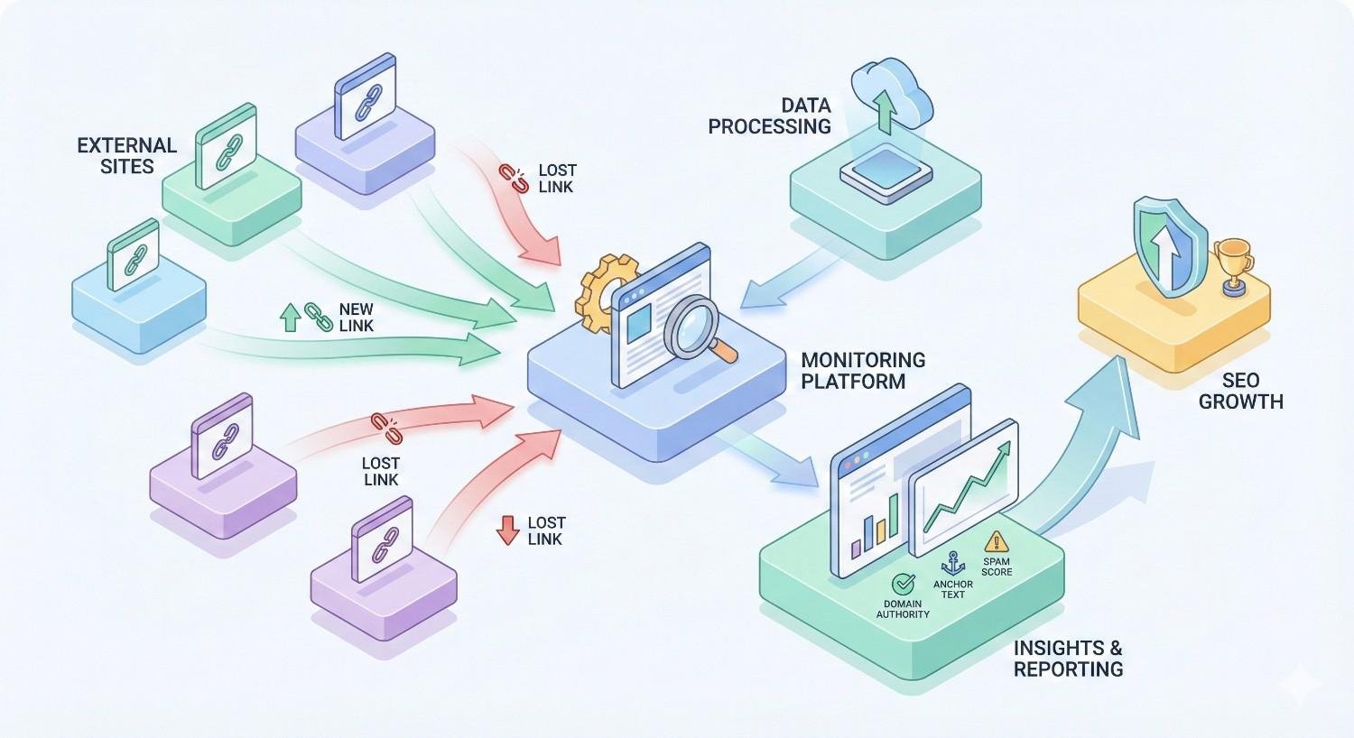 Diagram showing external sites sending new and lost links to a monitoring platform, which feeds data processing and reporting dashboards measuring domain authority, anchor text, and spam score, ultimately driving SEO growth illustrated by upward arrows, shields, and trophy icons.