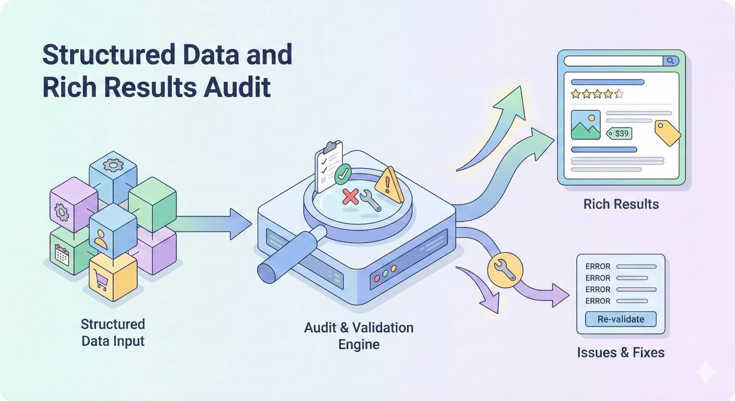 Illustration of a structured data and rich results audit process, showing structured data inputs passing through an audit and validation engine to identify errors, apply fixes, revalidate markup, and improve eligibility for enhanced rich results in search listings.