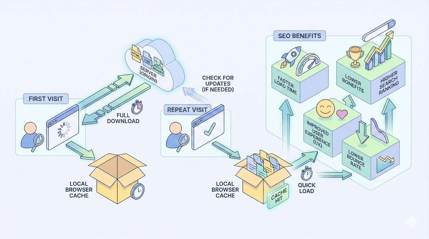 Infographic showing browser caching and SEO benefits. First visit triggers full download from server origin to local browser cache; repeat visit loads quickly from cache with update checks. Highlights faster load time, lower bounce rate, improved user experience, lower bounce rate, and higher search ranking.