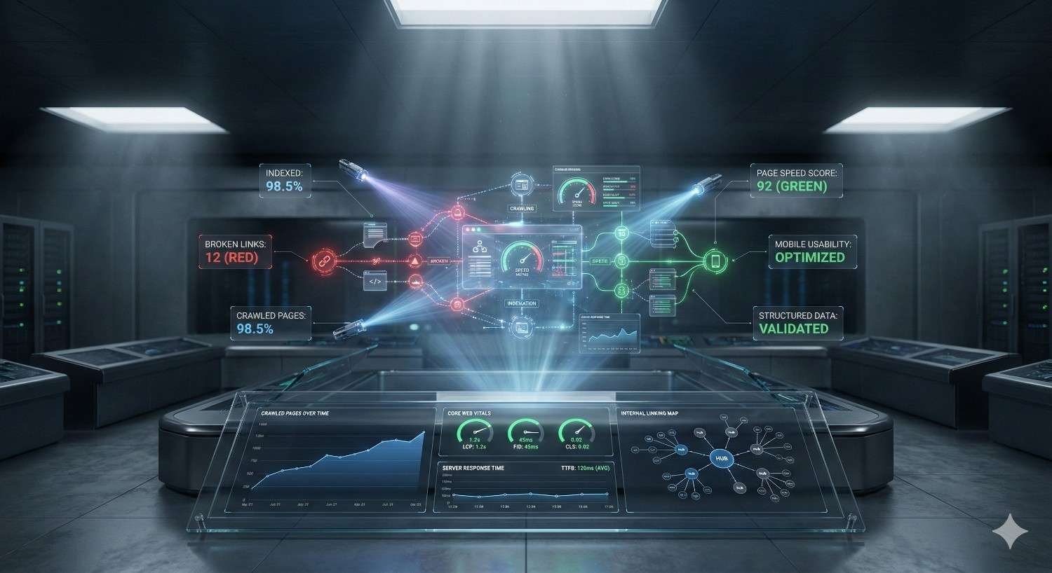 Futuristic technical SEO dashboard in a data center showing site health metrics, including index coverage, broken links, crawl rate, Core Web Vitals, page speed score, mobile usability, and validated structured data, visualized through interconnected graphs and real-time performance indicators.
