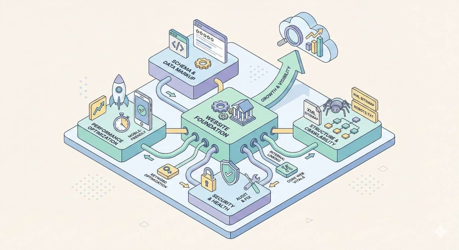 Illustration of a website technical foundation showing performance optimization, mobile readiness, schema and data markup, site structure and crawlability, security and health, all interconnected to support growth, visibility, and long-term SEO performance.