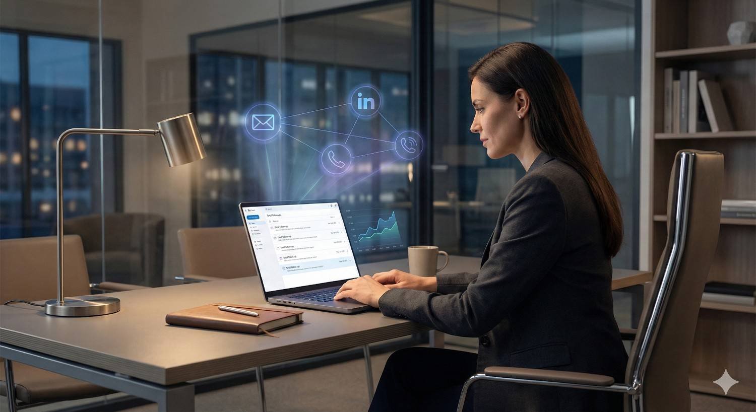 Woman working at a modern office desk at night on a laptop, with floating digital icons for email, phone, and LinkedIn behind her, plus charts on the screen, suggesting contact data management, networking, and analytics in a professional workspace.