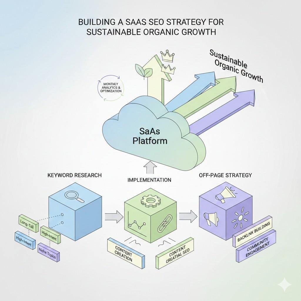 Isometric illustration showing a SaaS SEO strategy for sustainable organic growth, with a SaaS platform at the center, upward growth arrows, and connected stages for keyword research, implementation, content creation, technical SEO, off-page strategy, backlink building, and ongoing analytics and optimization.
