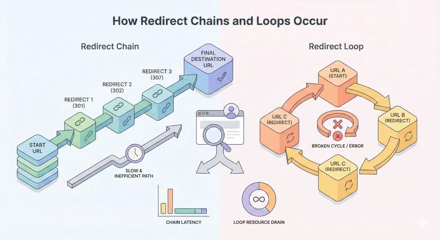 Infographic titled “How Redirect Chains and Loops Occur.” Left shows a redirect chain (301 → 302 → 307) from start URL to final destination, causing slow, inefficient paths and latency. Right shows a redirect loop between URLs creating a broken cycle error and resource drain.