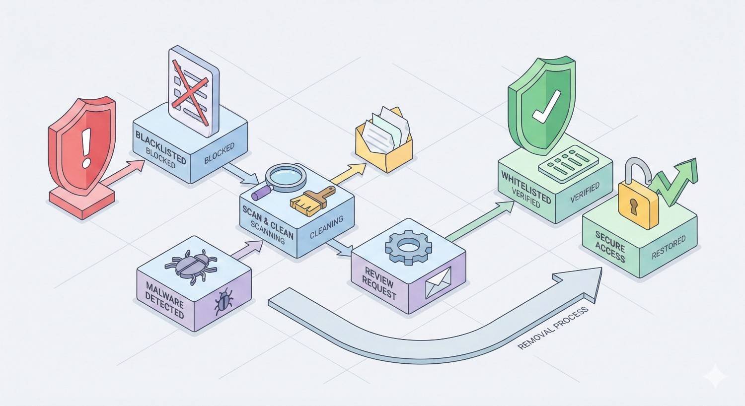 Infographic illustrating malware removal and blacklist recovery process: malware detected, site blocked and blacklisted, scan and clean, file cleaning, review request submitted, whitelisted and verified status restored, leading to secure access and successful removal from blacklist.