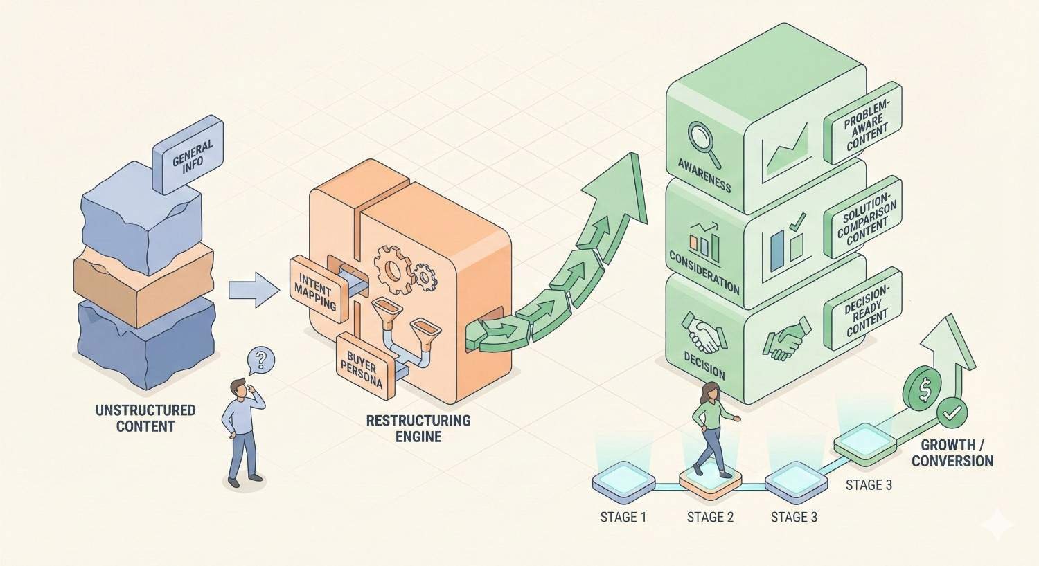 Illustration showing unstructured content transformed by an intent-mapping restructuring engine into buyer-journey stages: awareness, consideration, and decision, with problem-aware, comparison, and decision-ready content stacked to drive step-by-step growth and conversion.