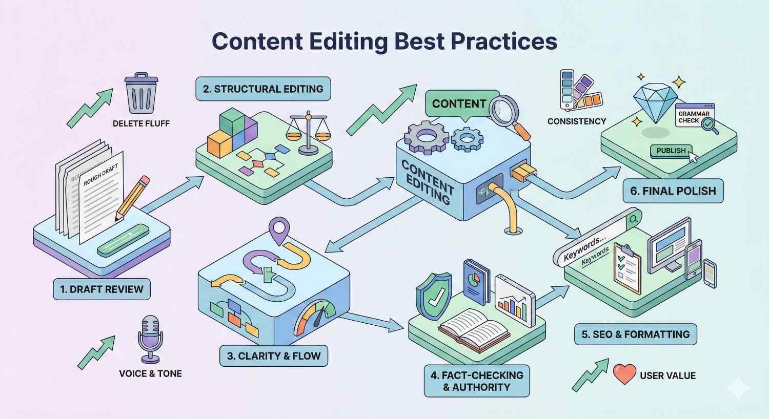 An illustrated workflow titled “Content Editing Best Practices” shows steps from draft review and structural editing to clarity, fact-checking, SEO formatting, and final polish, with icons for deleting fluff, voice, consistency, grammar checks, publishing, and user value connected by arrows.