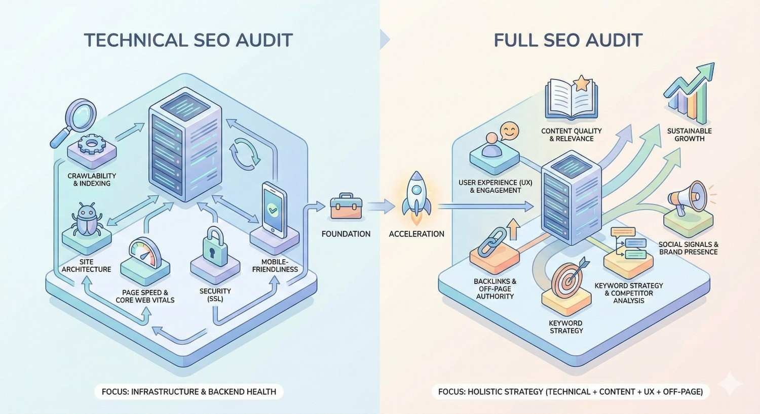 Side-by-side comparison of a technical SEO audit and a full SEO audit, showing technical audits focus on crawlability, site architecture, speed, security, and mobile readiness, while full SEO audits add content quality, UX, keyword strategy, backlinks, brand signals, and sustainable growth strategy.