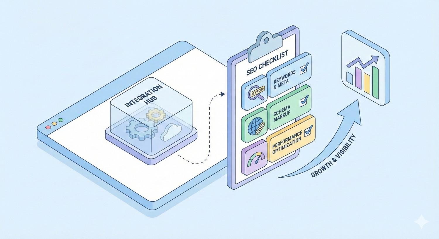Isometric illustration showing an integration hub connected to an SEO checklist. The checklist highlights keywords and meta tags, schema markup, and performance optimization. An upward arrow and chart represent increased growth and visibility achieved through structured SEO best practices