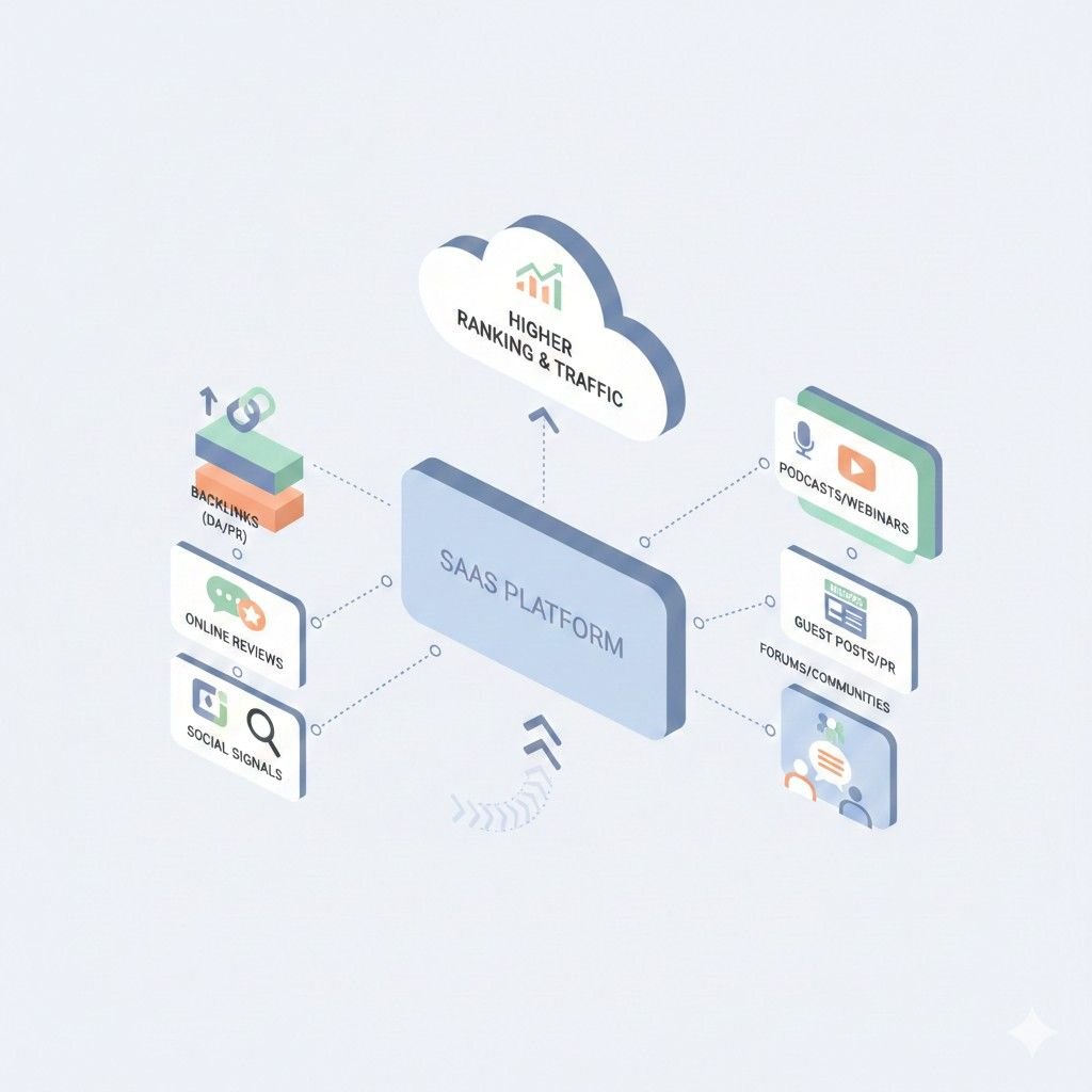 Isometric diagram showing a SaaS platform gaining higher rankings and traffic through off-page SEO signals, including backlinks, online reviews, social signals, guest posts, PR, podcasts, webinars, and community engagement driving visibility and growth.