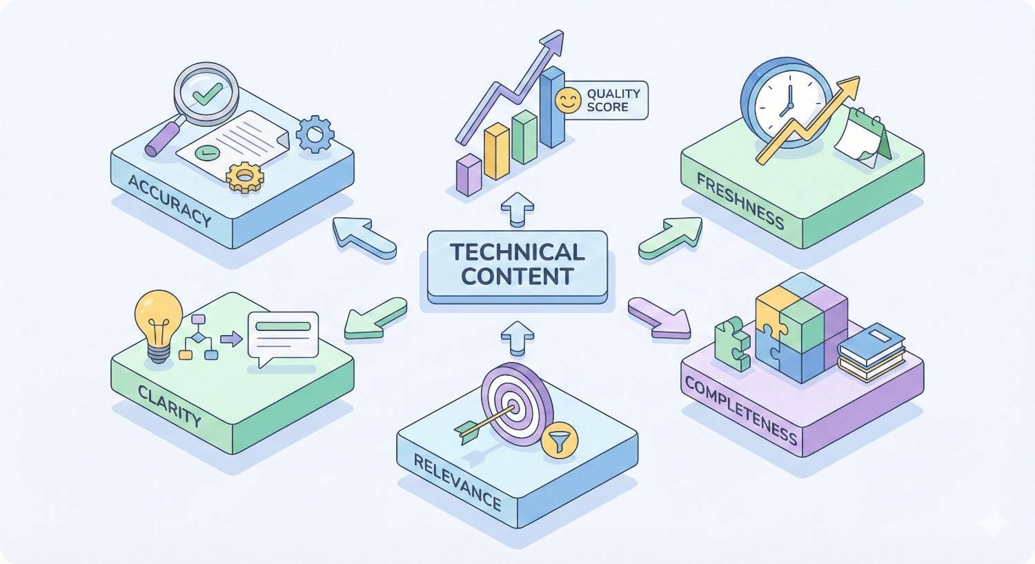 Infographic centered on “Technical Content,” surrounded by accuracy, clarity, relevance, freshness, completeness, and quality score, shown with icons like magnifying glasses, charts, clocks, targets, puzzle blocks, arrows, and upward graphs connecting each factor.