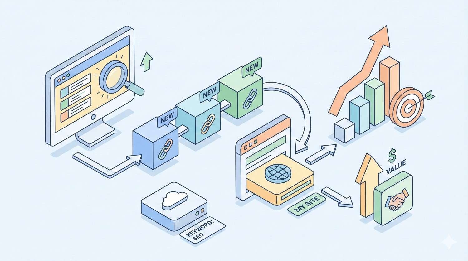 An isometric SEO illustration shows discovering new backlinks, sending them to a website, and boosting rankings, value, and revenue, with arrows, charts, target icons, and keyword SEO elements representing link building and performance growth.