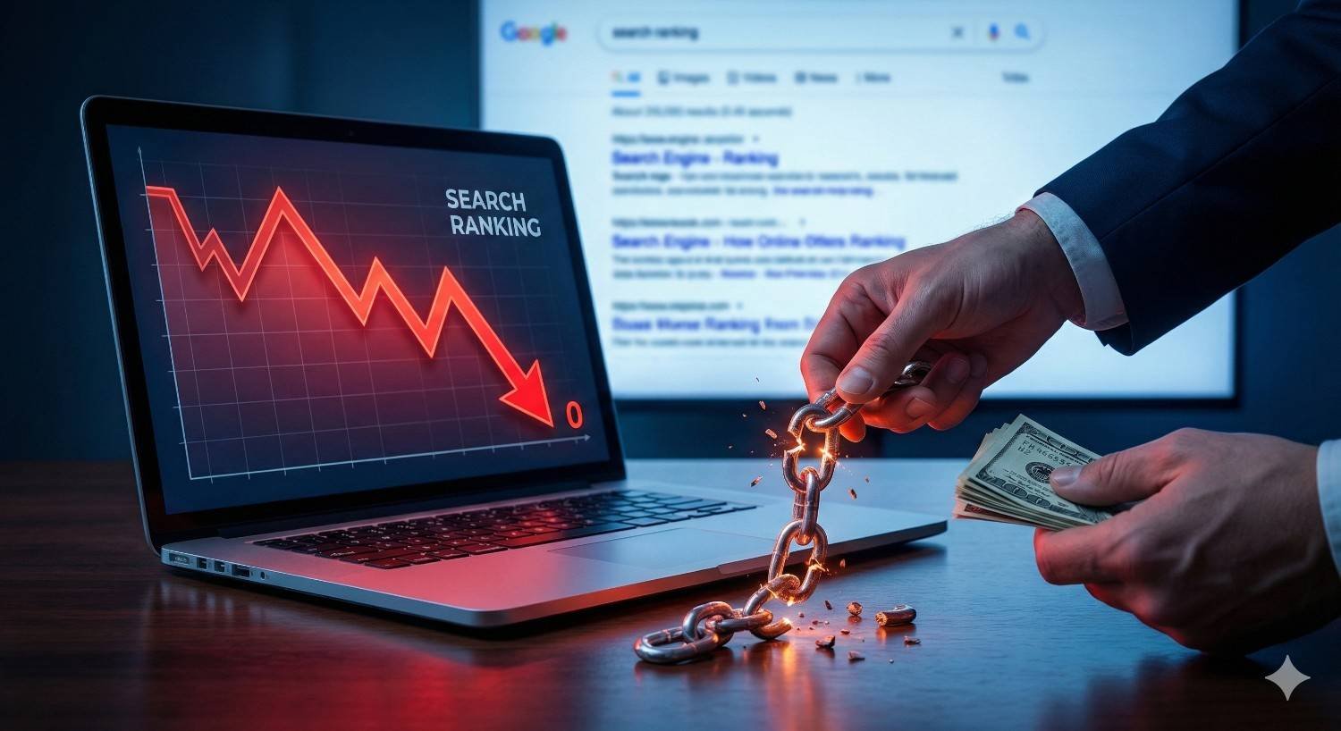 Photo showing a laptop with a red downward “search ranking” graph, while a suited person breaks a glowing chain with pliers and holds cash, with Google search results blurred in the background, symbolizing escaping SEO penalties, lost traffic, or ranking drops.