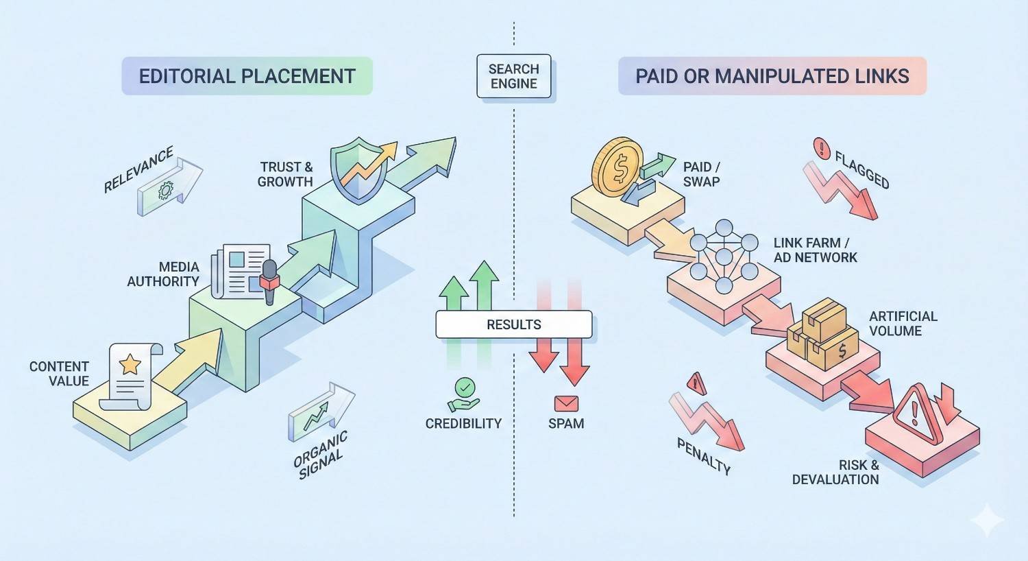 Split infographic comparing editorial placements versus paid or manipulated links: the left shows relevance, content value, media authority, and trust driving organic growth and credibility, while the right shows paid swaps, link farms, artificial volume, penalties, and ranking devaluation from search engines.