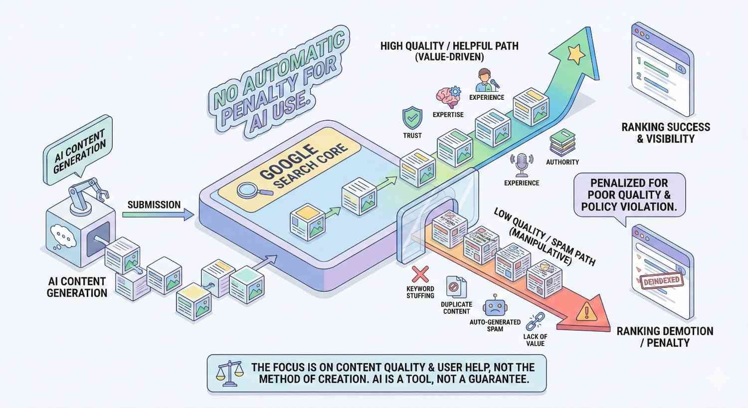 An infographic explains that AI-generated content isn’t automatically penalized, showing submission to Google’s search core leading either to a high-quality, trust-driven path with ranking success or a low-quality spam path with keyword stuffing and penalties, emphasizing user value over creation method.