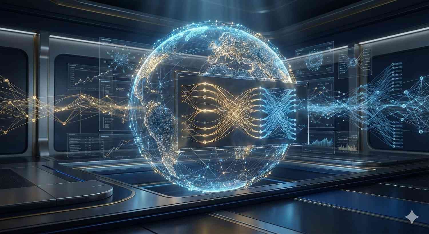 A futuristic control room displays a glowing digital globe surrounded by transparent data screens and neural-network diagrams, with golden and blue data streams crossing continents, symbolizing global AI systems, real-time analytics, and interconnected information networks.