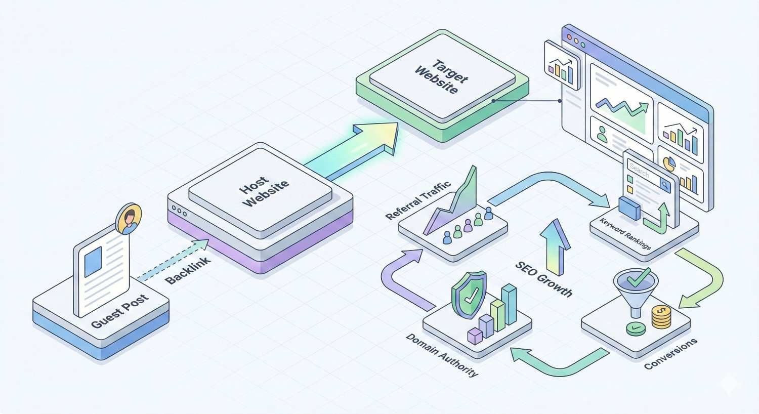 Infographic illustrating guest post backlink flow: a guest post on a host website links to a target website, generating referral traffic, improved domain authority, SEO growth, keyword rankings, and increased conversions, shown through connected arrows and analytics icons.