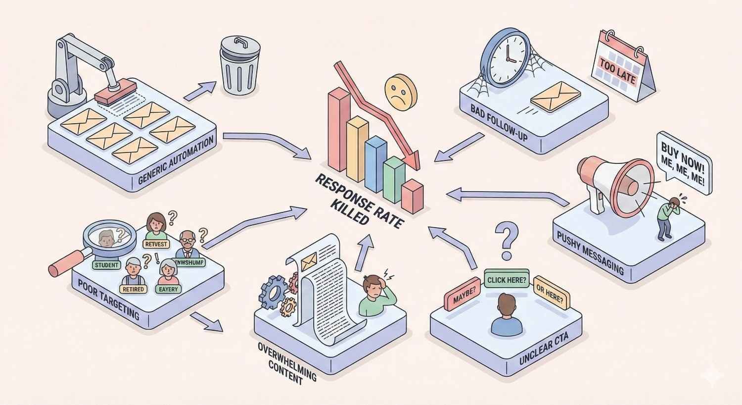 Infographic showing factors that kill outreach response rates, including generic automation, poor targeting, overwhelming content, unclear calls to action, pushy messaging, and bad follow-ups, all feeding into a central declining bar chart labeled “response rate killed.”