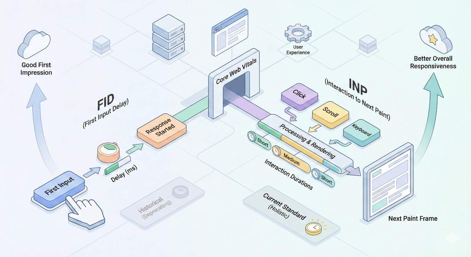 Infographic explaining Core Web Vitals transition from FID (First Input Delay) to INP (Interaction to Next Paint). Shows user input, response delay, processing and rendering steps, and interaction durations leading to next paint frame, highlighting improved responsiveness and better overall user experience.