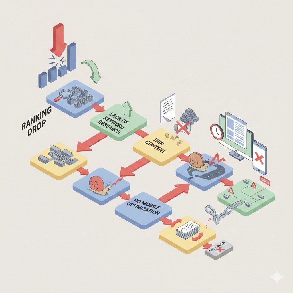 Isometric flowchart illustrating SEO mistakes causing ranking drops, including lack of keyword research, thin content, no mobile optimization, poor site performance, broken links, and slow pages, showing how compounding issues lead to declining visibility and search rankings.