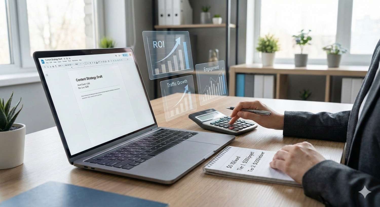 A person at a bright office desk uses a calculator beside a laptop showing a content strategy draft, with holographic charts labeled ROI, traffic growth, and engagement floating above, plus a notebook and plants in the background suggesting analytics and planning work.