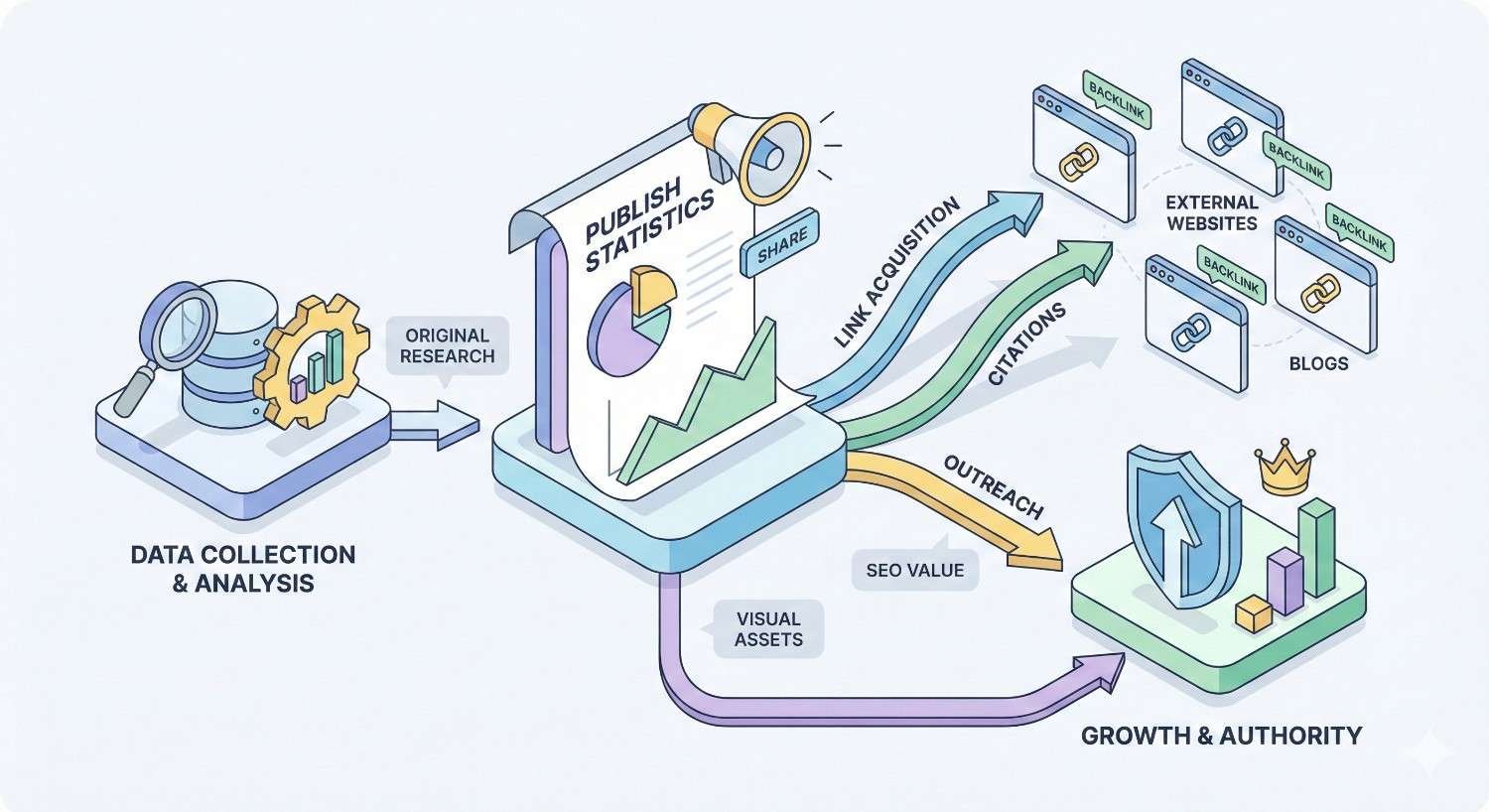 Infographic showing statistics-based link building process: data collection and original research lead to publishing statistics and visual assets. Outreach drives link acquisition and citations from external websites and blogs, increasing SEO value, growth, and domain authority.