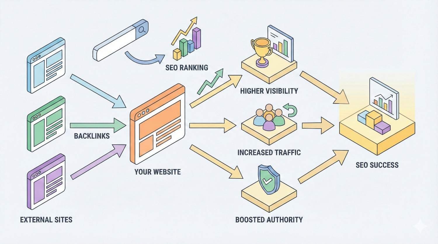 Infographic showing external sites sending backlinks to your website, improving SEO ranking. Arrows illustrate higher visibility, increased traffic, and boosted authority, leading to overall SEO success and stronger online performance.