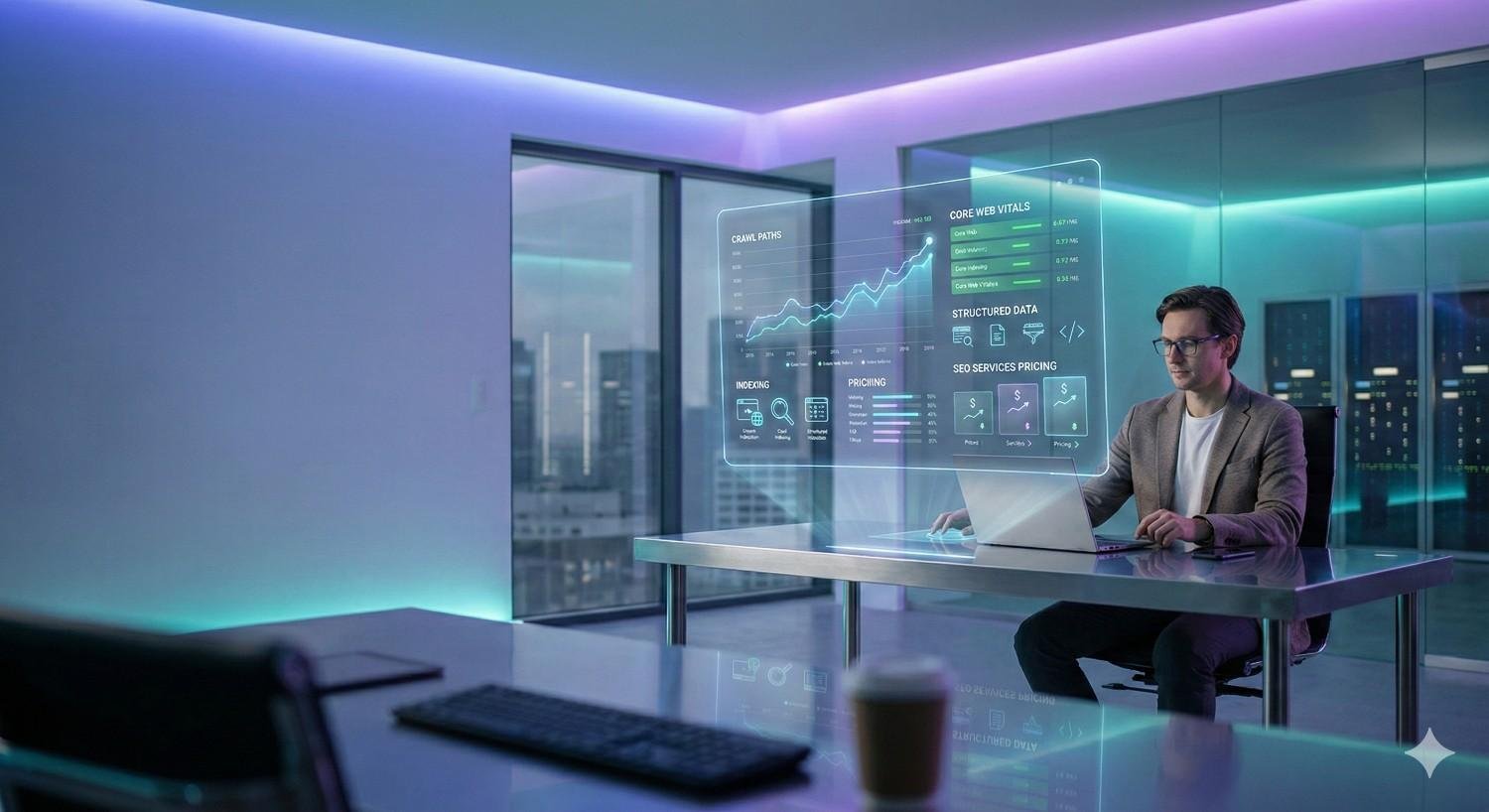 A professional works at a modern desk using a laptop while transparent holographic dashboards display SEO metrics, Core Web Vitals, structured data, and performance charts. The futuristic office setting with city views represents advanced technical SEO analysis, data-driven optimization, and digital growth strategy.