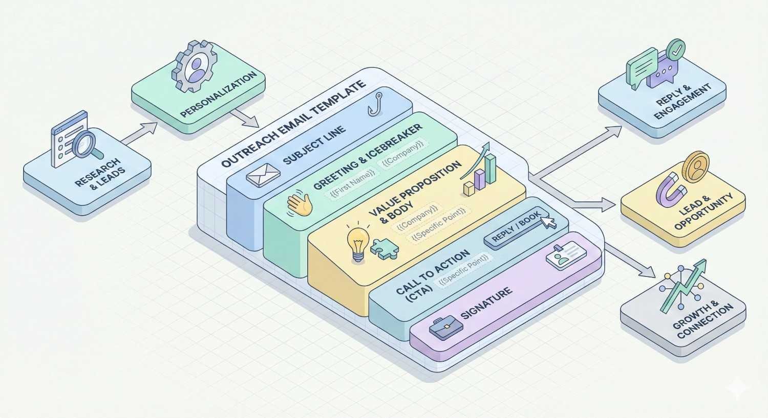 Diagram of an outreach email template showing subject line, greeting, value proposition, call to action, and signature, fed by research and personalization, and leading to reply and engagement, new opportunities, and growth and connection with arrows and icons.