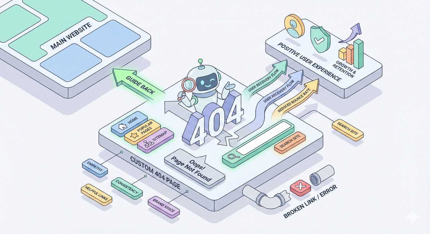 Infographic illustrating a custom 404 page design. Features a friendly robot, search bar, homepage and sitemap links, and guidance back to the main website. Highlights empathy, helpful links, reduced bounce rate, user recovery flow, and improved user experience despite broken link errors.