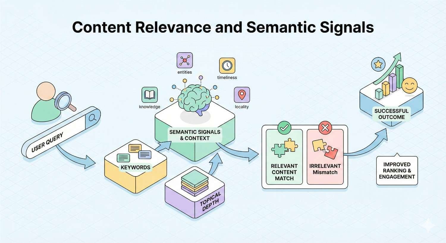 Diagram titled “Content Relevance and Semantic Signals” showing user queries flowing through keywords, topical depth, and semantic context like entities, timeliness, and locality, leading to relevant matches, improved ranking and engagement, and a successful outcome with upward charts and icons.
