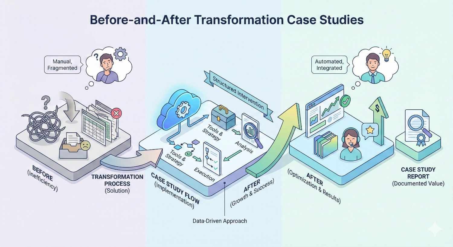 Infographic titled “Before-and-After Transformation Case Studies” showing a shift from manual, fragmented processes to structured implementation and data-driven strategy, resulting in automated systems, growth, improved performance, and a documented case study report demonstrating measurable success.