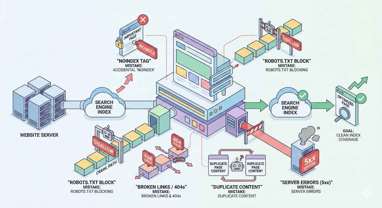 Infographic showing common index coverage mistakes, including accidental noindex tags, robots.txt blocks, broken links and 404 errors, duplicate content, and server errors, illustrating how these issues prevent pages from reaching the search engine index and how fixing them leads to clean index coverage.