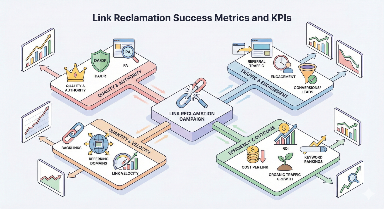 Infographic titled “Link Reclamation Success Metrics and KPIs” showing a central campaign connected to quality and authority (DA/DR, PA), quantity and velocity (backlinks, referring domains), traffic and engagement (referrals, conversions), and efficiency outcomes (cost per link, ROI, keyword rankings, organic growth).