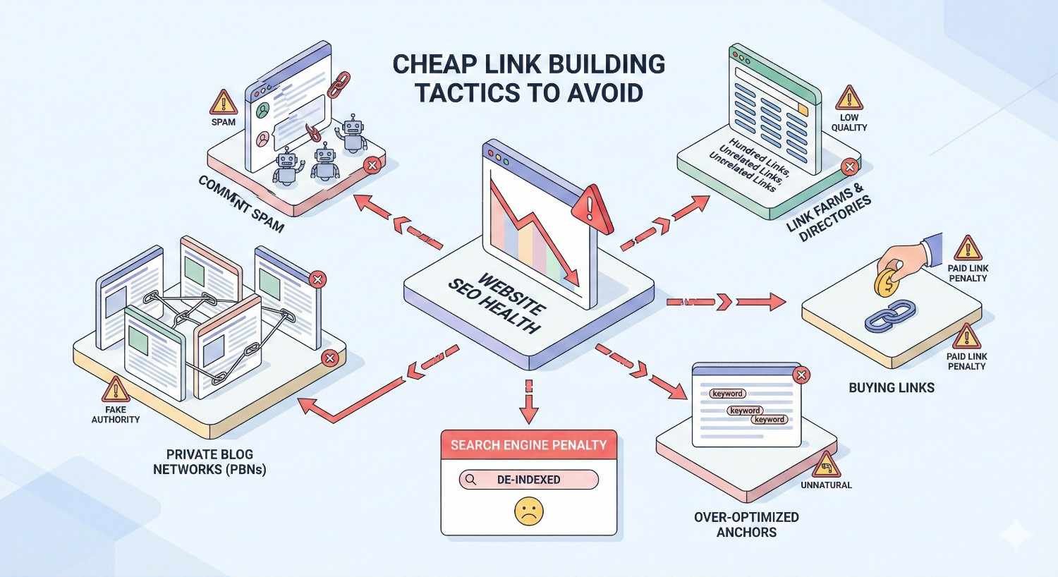 Infographic titled “Cheap Link Building Tactics to Avoid” showing harmful practices like comment spam, private blog networks, link farms, buying links, and over-optimized anchors. Arrows point to declining website SEO health and search engine penalties, including de-indexing.