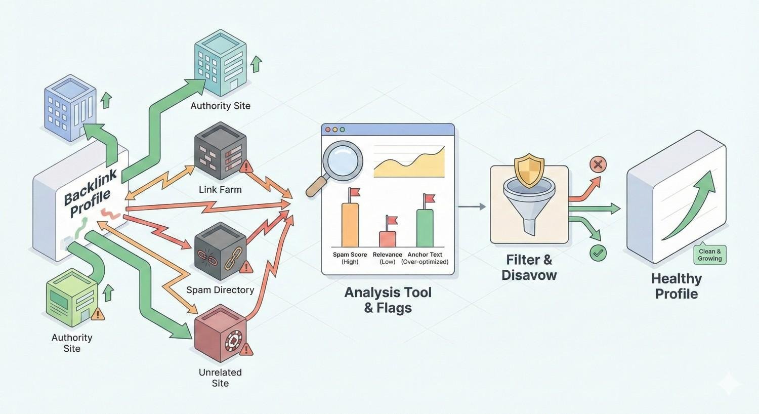 Diagram showing a backlink profile with authority sites and harmful sources like link farms, spam directories, and unrelated sites, analyzed for spam score and anchor text, then filtered and disavowed to produce a clean, healthy, growing link profile.