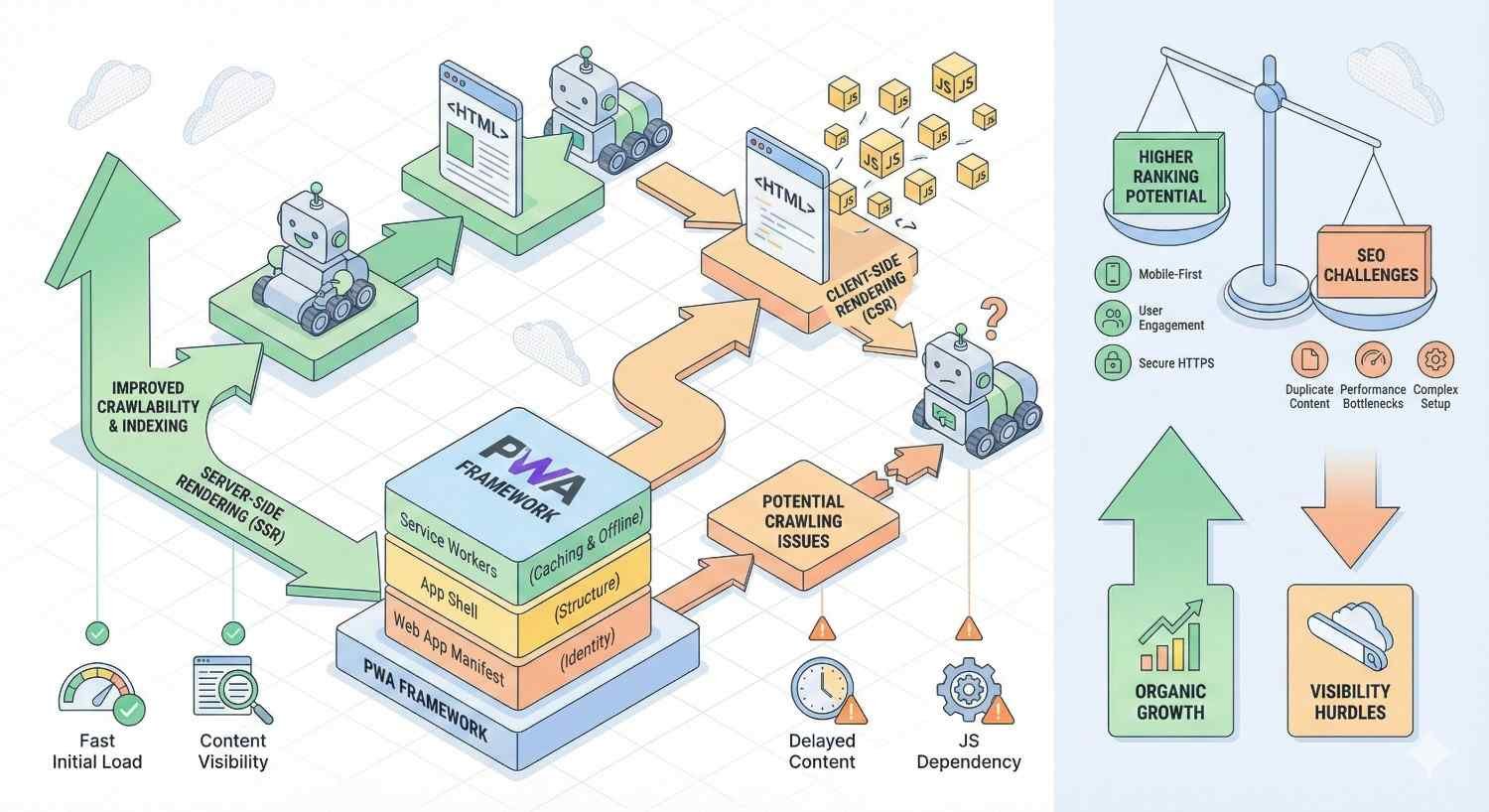 Infographic explaining PWA SEO and rendering. Shows server-side rendering improving crawlability and indexing, while client-side rendering may cause crawling issues, delayed content, and JS dependency problems. Highlights higher ranking potential, organic growth, and SEO challenges like duplicate content and performance bottlenecks.