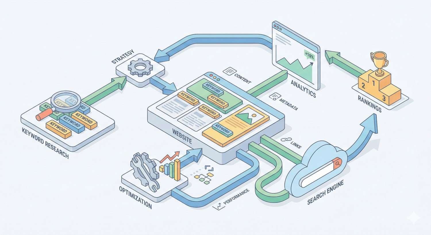 An illustrated SEO cycle shows keyword research feeding strategy and website content, followed by optimization, metadata, and links sent to search engines, with analytics tracking performance and rankings, and arrows connecting each step into a continuous improvement loop.