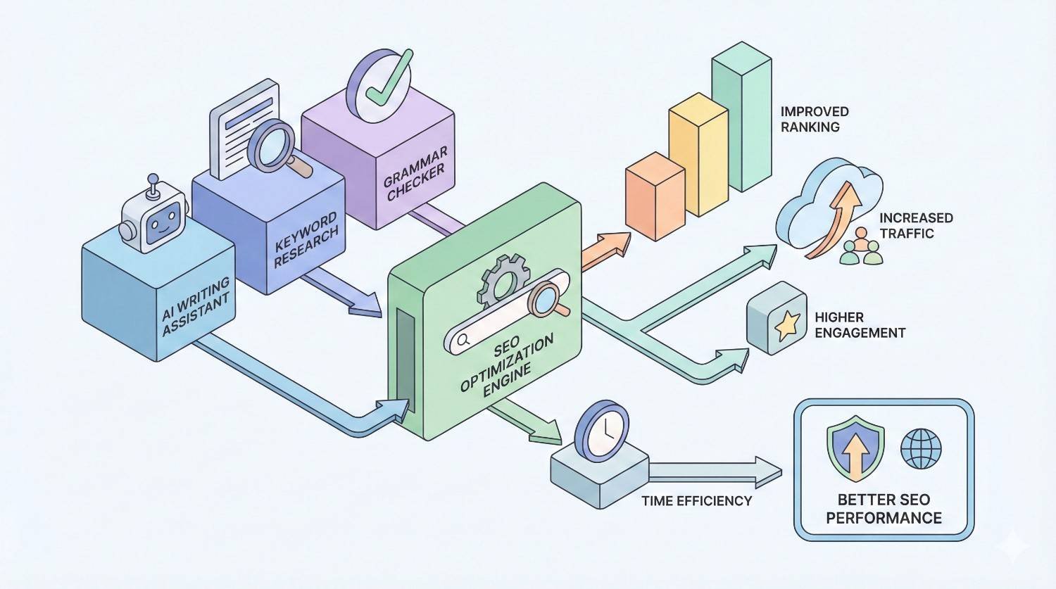 An illustrated SEO pipeline shows AI writing, keyword research, and grammar checks feeding an optimization engine, producing improved rankings, increased traffic, higher engagement, time efficiency, and better overall SEO performance, represented with charts, icons, arrows, and shields.