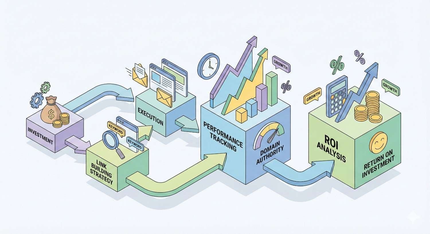 Infographic showing the link building workflow: investment leads to strategy and execution, followed by performance tracking and domain authority growth. The process ends with ROI analysis, highlighting measurable growth, increased revenue, and return on investment from SEO efforts.