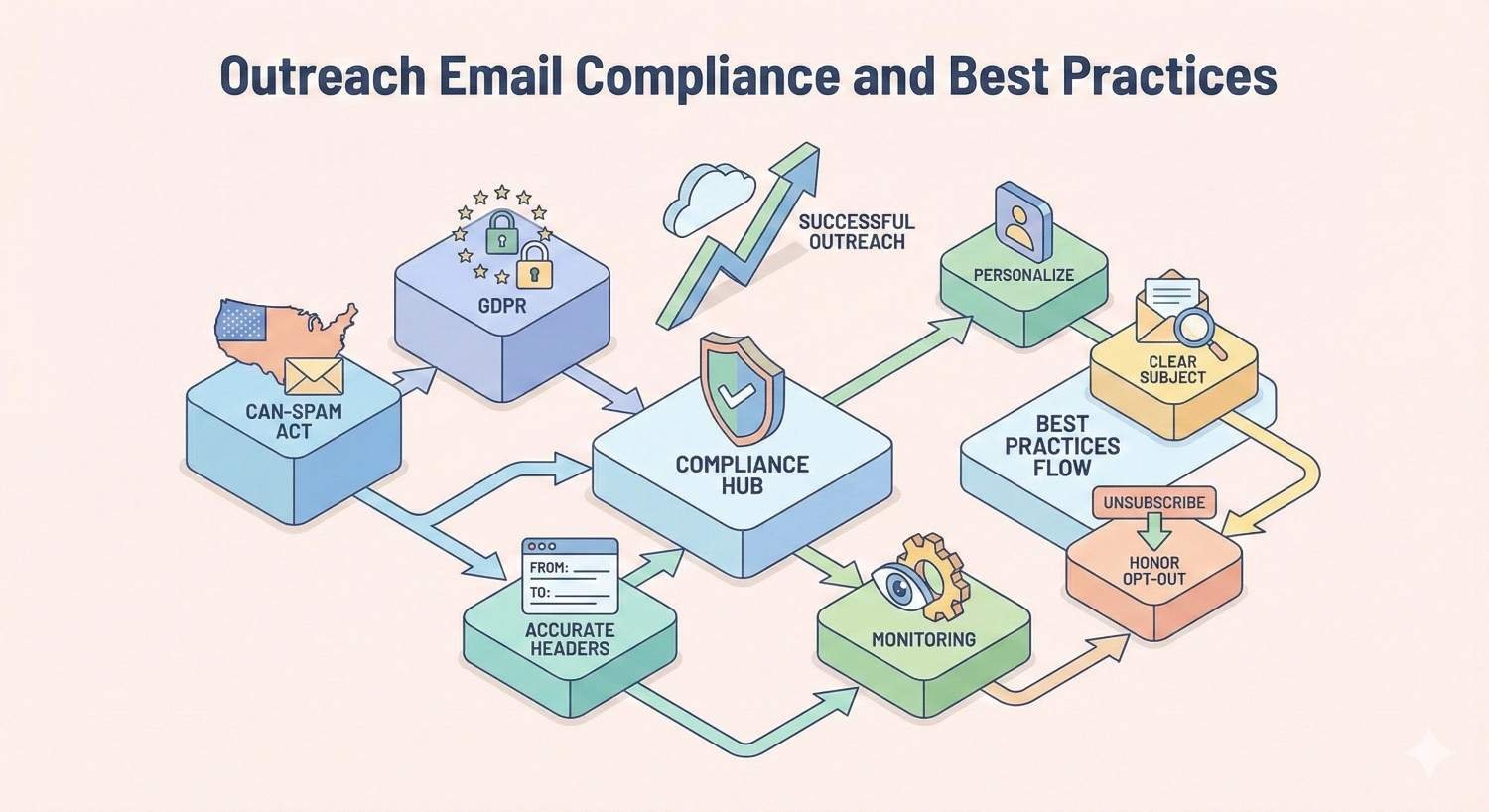 Infographic titled “Outreach Email Compliance and Best Practices,” showing CAN-SPAM and GDPR feeding a compliance hub, plus accurate headers, monitoring, personalization, clear subjects, unsubscribe options, and opt-out handling, leading to successful outreach with arrows, shields, and charts.