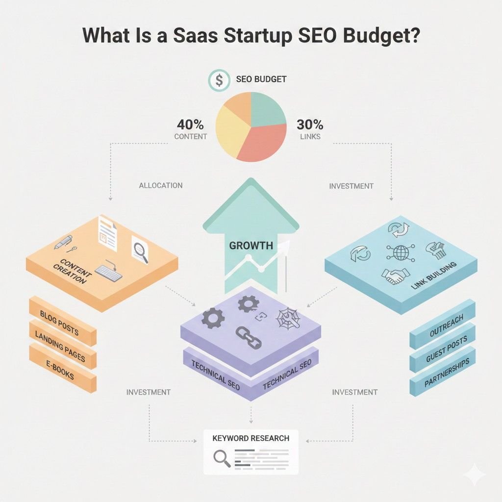 Infographic explaining a SaaS startup SEO budget, showing allocation across content creation, link building, and technical SEO. It highlights keyword research, blog posts, landing pages, outreach, partnerships, and how balanced investment drives sustainable organic growth.