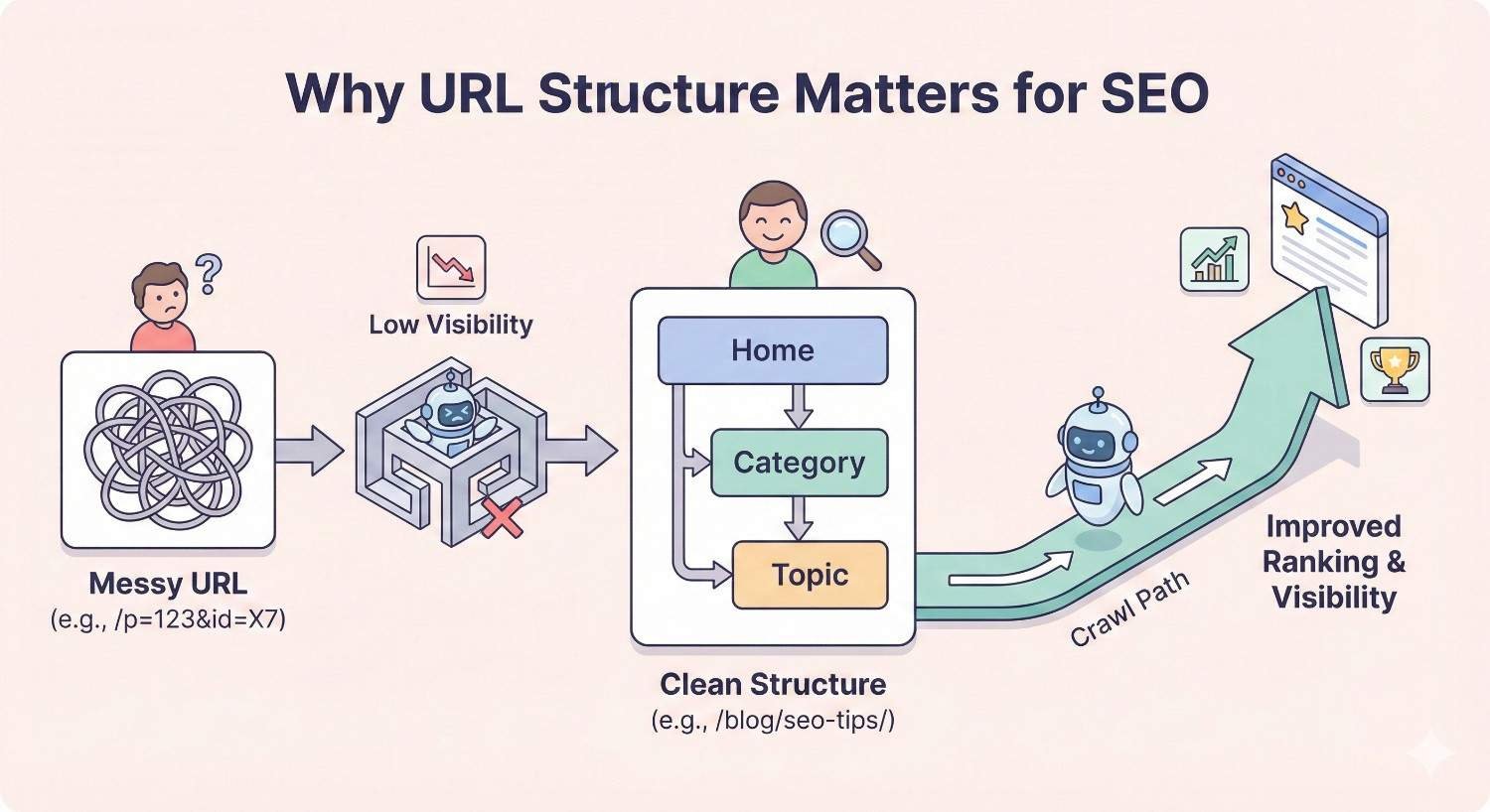 An illustrated graphic titled “Why URL Structure Matters for SEO” contrasts messy URLs causing low visibility with a clean hierarchy from home to category to topic, showing search bots following a crawl path that leads to improved rankings and visibility icons.