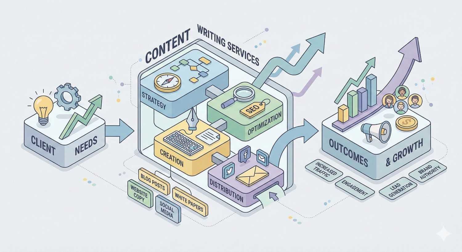 Infographic showing content writing services flowing from client needs into strategy, creation, SEO optimization, and distribution across blogs, websites, and social media, leading to outcomes like increased traffic, engagement, lead generation, brand authority, and business growth.